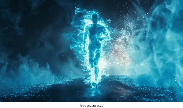Blue translucent man running in the dark
