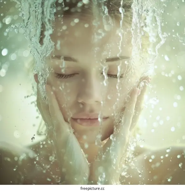 Young woman with wet face and closed eyes under falling water