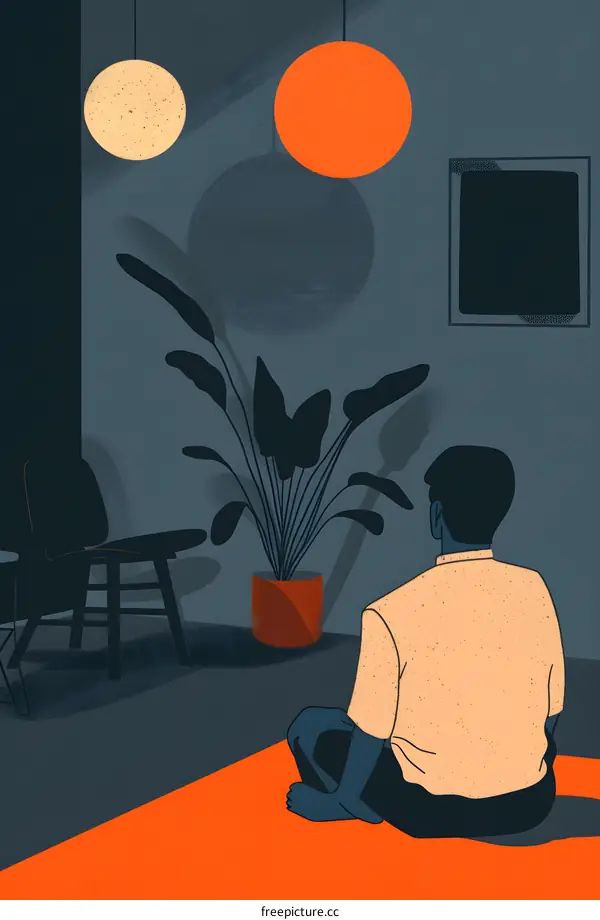Man Sitting In His Living Room With A Plant And Hanging Lamps