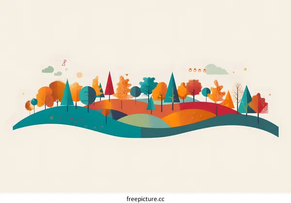 Autumn Landscape With Geometric Trees and Hills
