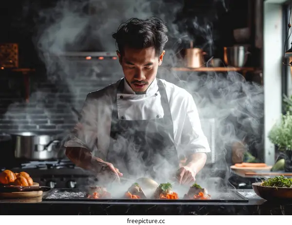 Asian chef cooking in a professional kitchen