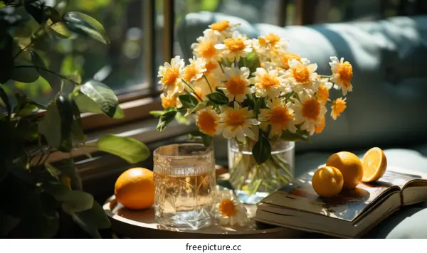 Still life with flowers and oranges