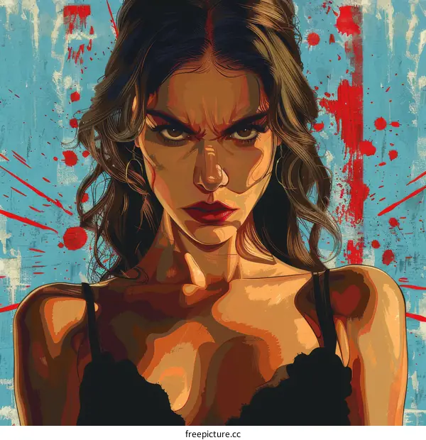 Angry Woman with Red Splatters on Blue Background