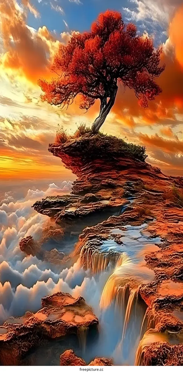 Red Tree on a Cliff with Waterfall in the Clouds