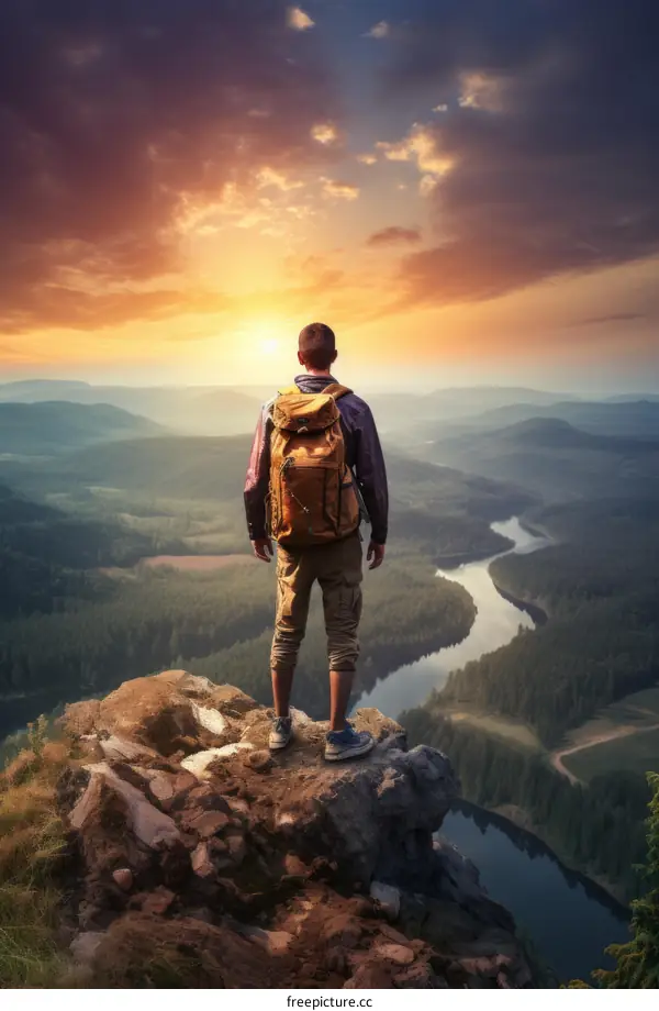 Man Conquering a Mountain Peak at Sunset
