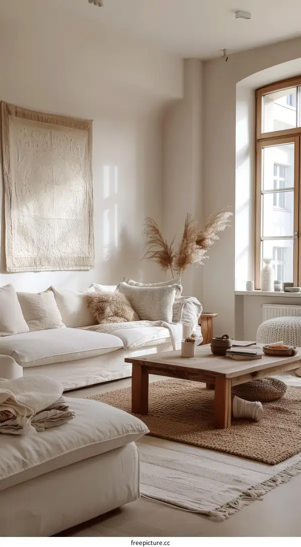 Airy Scandinavian Living Room With White Interior, Large Windows, Plants
