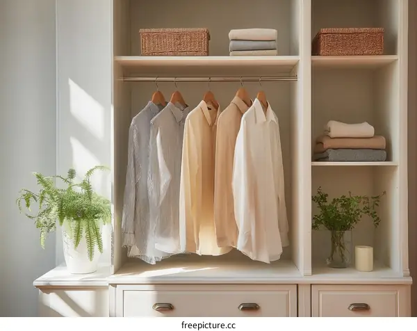 Organized Closet with Clothes and Plants