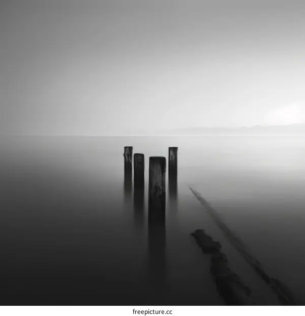 Black and white photo of wooden posts in water