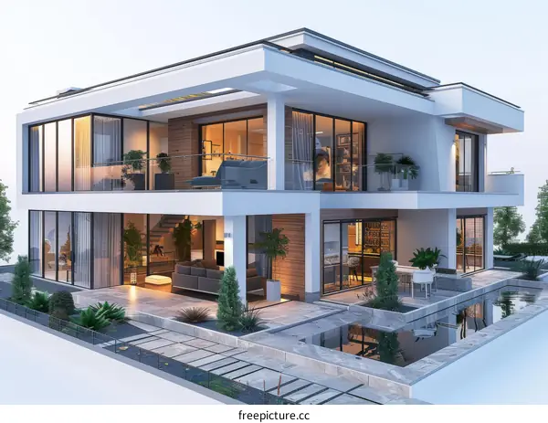 Modern house exterior with pool