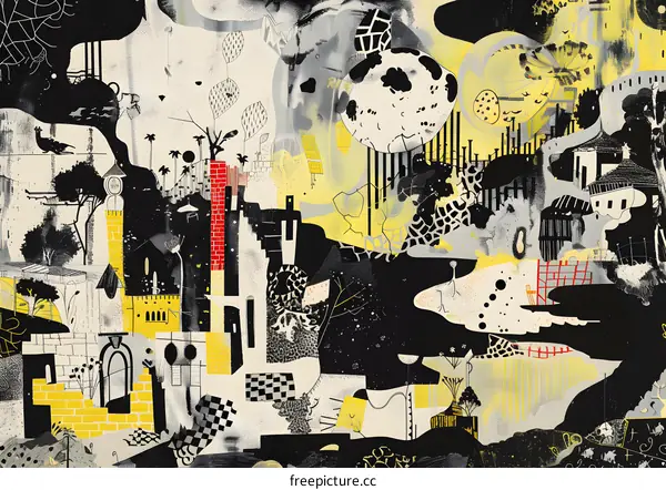 Abstract Black and White Surrealist Landscape with Yellow and Red