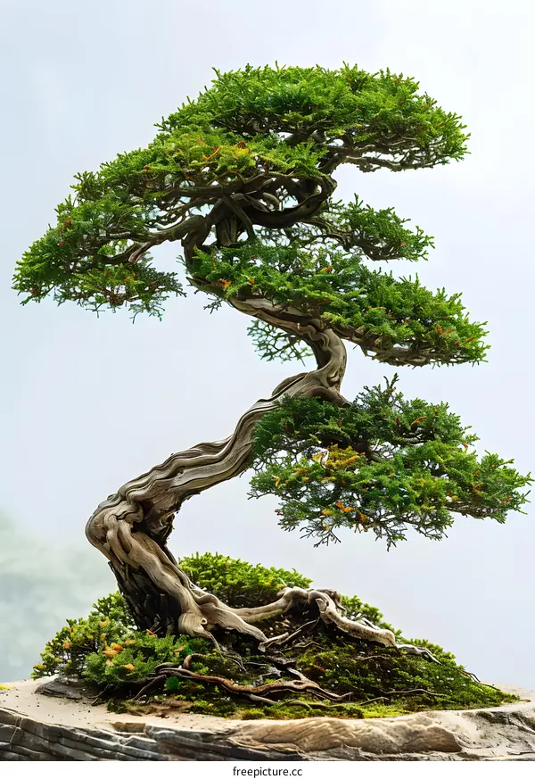 Ancient Bonsai Tree on a Misty Mountain