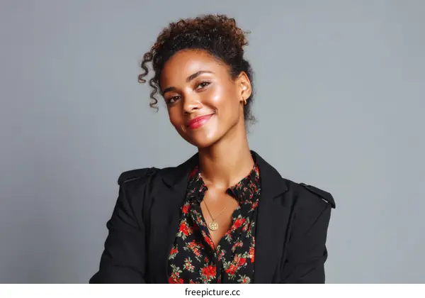 Confident young woman with curly hair wearing black blazer and floral shirt