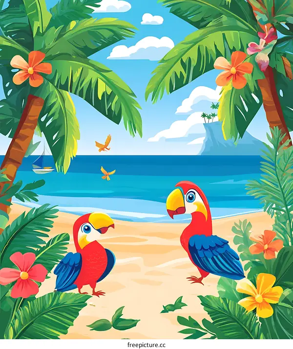 Tropical Paradise Beach Illustration with Two Parrots