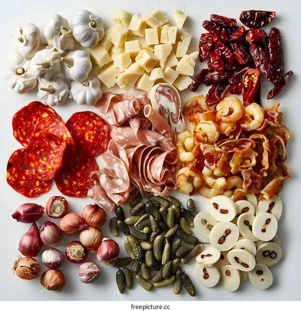 A variety of cured meats, cheeses, and other snacks