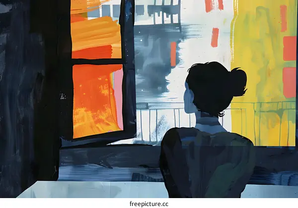 Woman Looking Through Window Abstract Painting