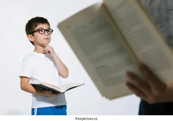 Young boy with glasses reading a book attentively