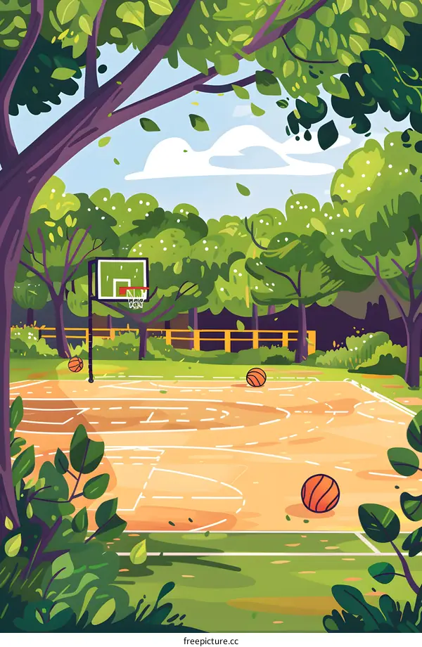 Outdoor Basketball Court with Green Trees and Blue Sky
