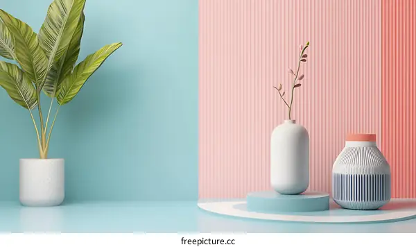 Minimalist Plant Vase with Blue and Pink Background