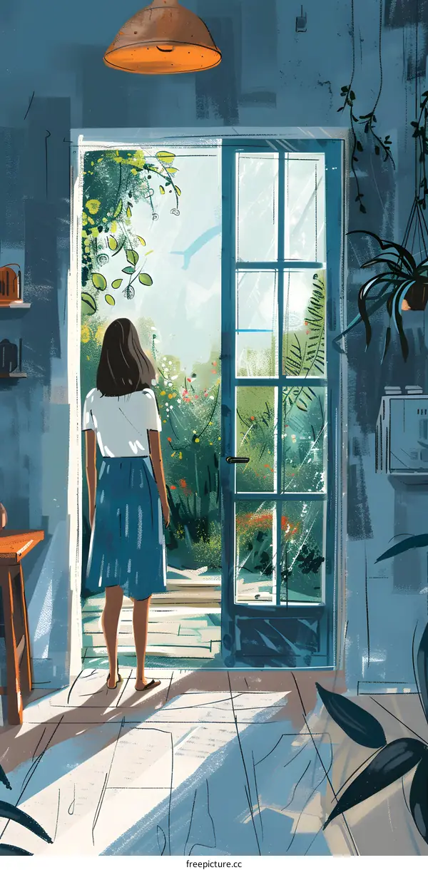 A woman standing in front of a door looking at a garden