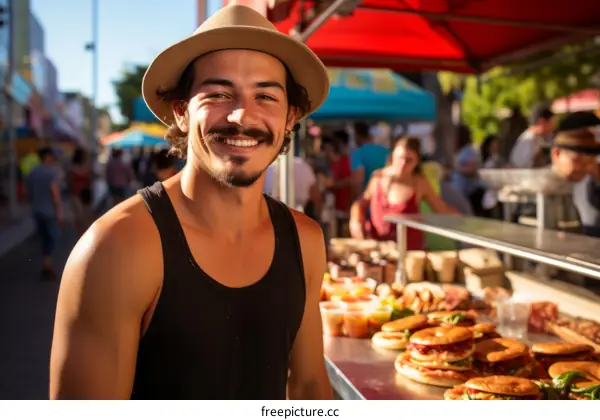 Portrait of a happy young man selling sandwiches at a street food market