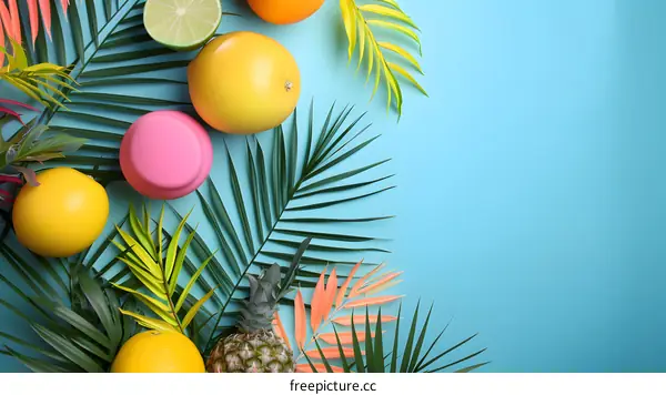 Tropical Fruits and Palm Leaves on Blue Background