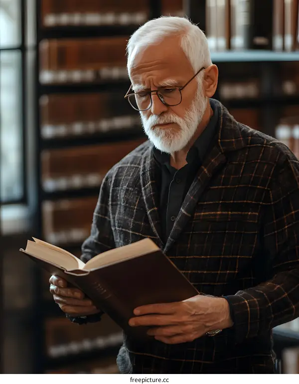 Elderly Man Reading Book in Library
