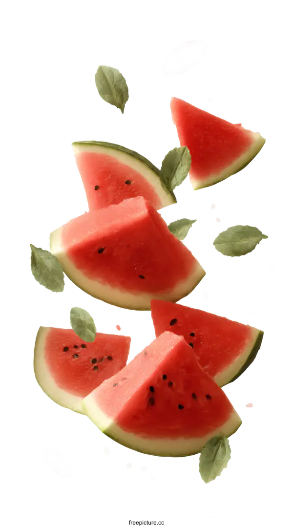 [Transparent Background PNG]Slices of Watermelon with Mint Leaves