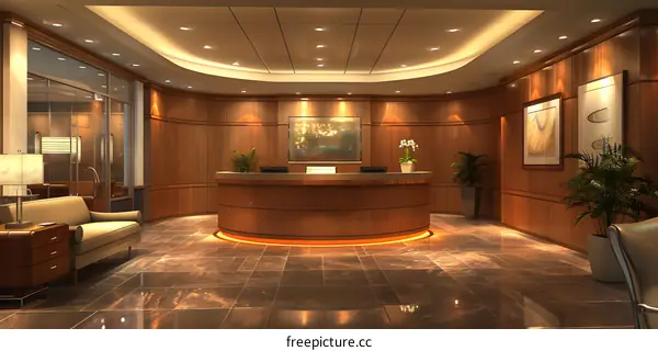 Modern office interior with wooden reception desk