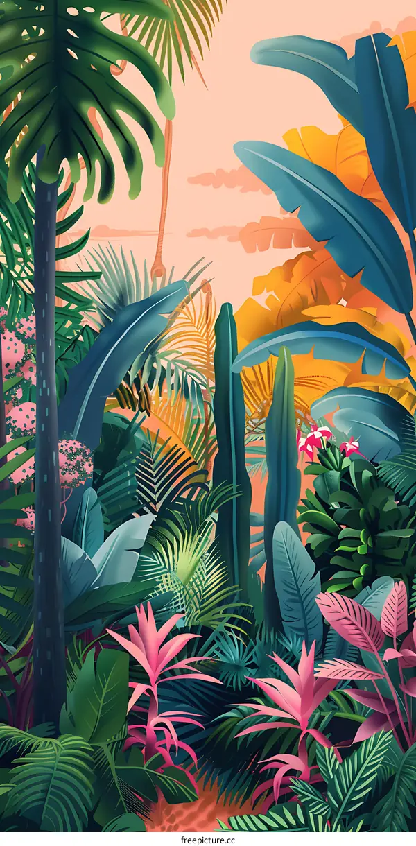 Tropical Jungle Illustration with Pink Flowers and Lush Green Foliage