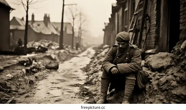 A soldier sits on the rubble of a destroyed building during World War I