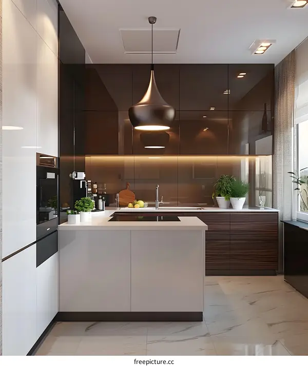 Modern Kitchen Interior Design with White Cabinets and Pendant Light