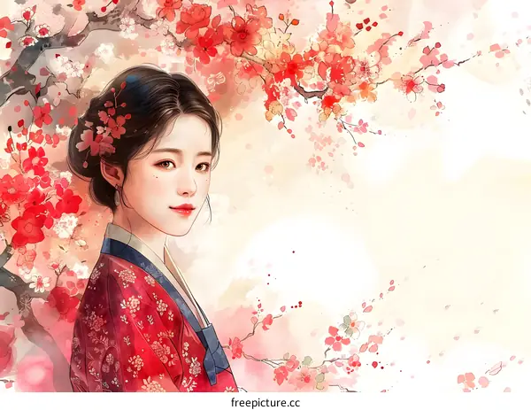 A Korean woman in a red traditional dress