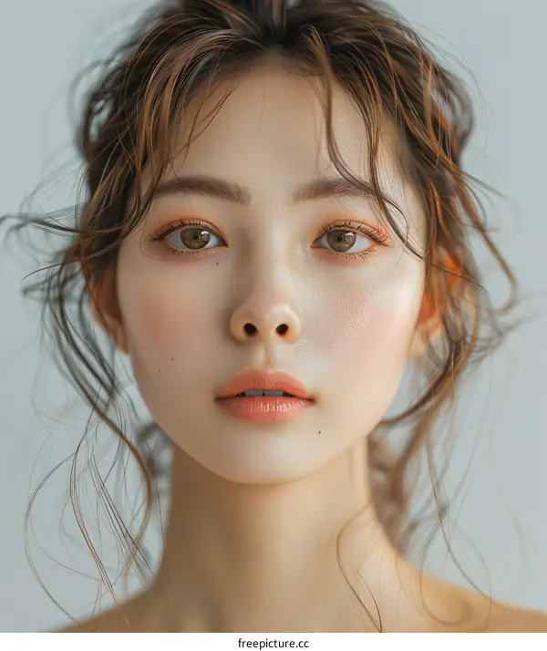 Portrait of a young woman with brown hair and brown eyes