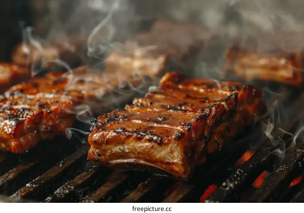 Barbecued pork ribs on a grill with smoke
