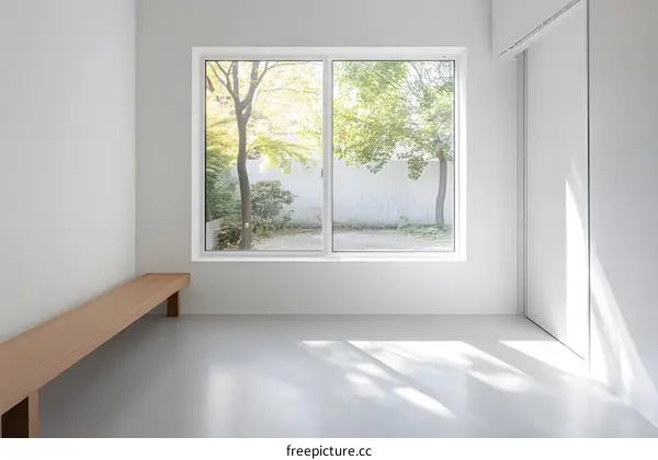 Minimalist Room Interior with Wooden Bench and Large Window