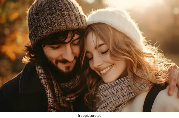 Happy Couple In Love Hugging In Autumn Forest