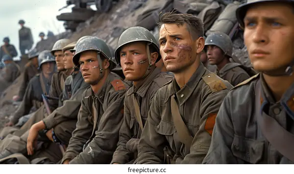 A group of soldiers staring into the distance
