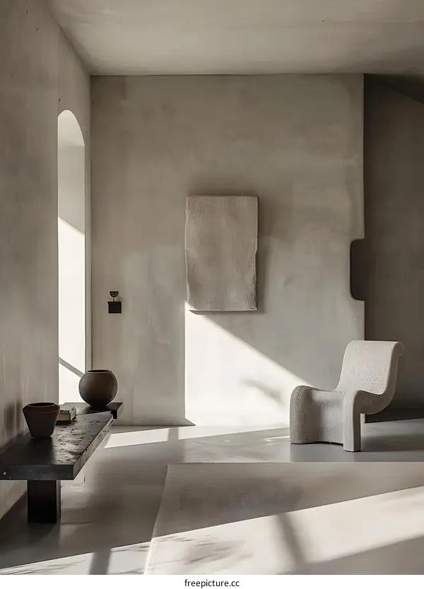 Minimalist Living Room Interior Design with Concrete Walls and a Woven Chair