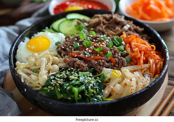 Korean Bibimbap: A Delicious and Colorful Bowl of Rice, Beef, Egg, and Vegetables