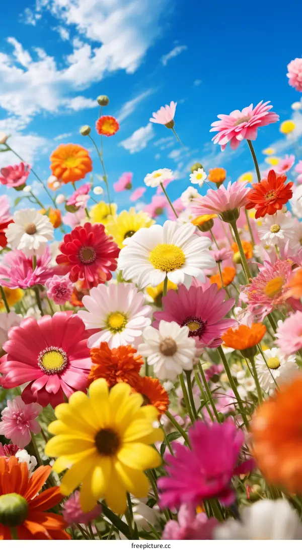 A variety of colorful flowers blooming in a field with a blue sky and white clouds in the background