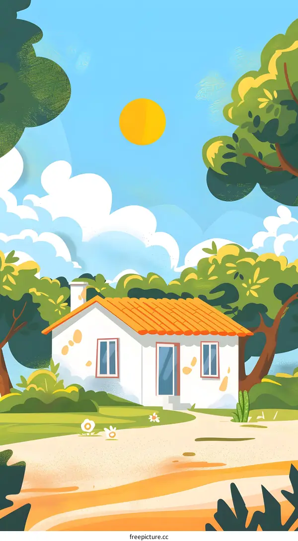 Cute Little White Cottage With Orange Roof Under Sunny Sky