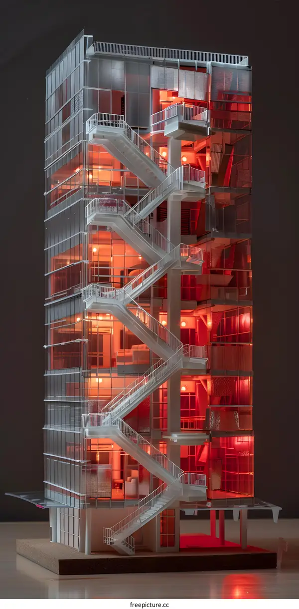 Modern Architecture Building Model With Red Lighting