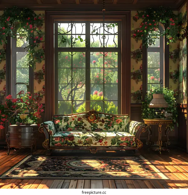 Elegant vintage interior with floral sofa and sunny window
