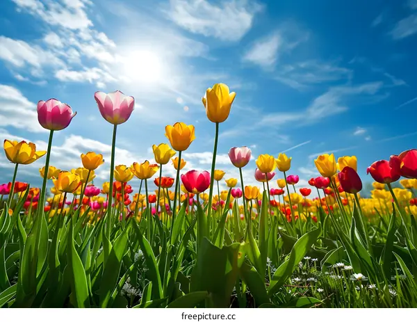 Colorful Tulips Field Under Blue Sky with Sun