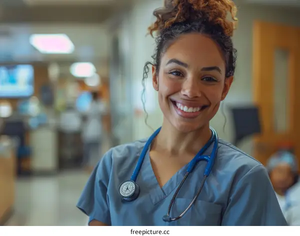 Portrait of a smiling young female doctor or nurse in a hospital setting