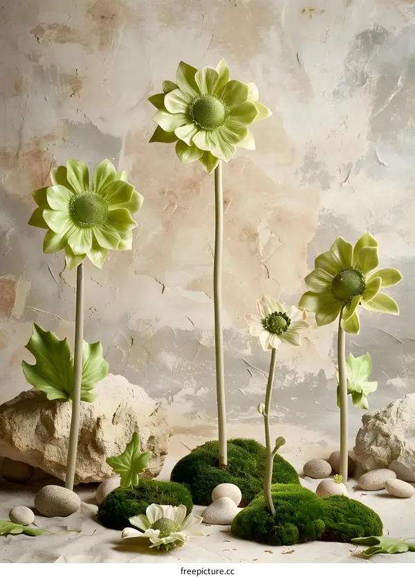 Green Flowers on Moss and Stones