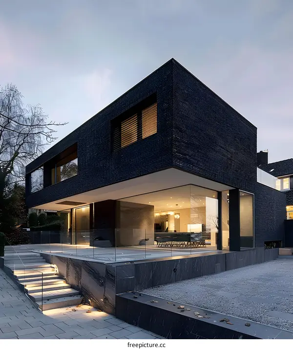 Modern Black Brick House Exterior Design with Glass Walls