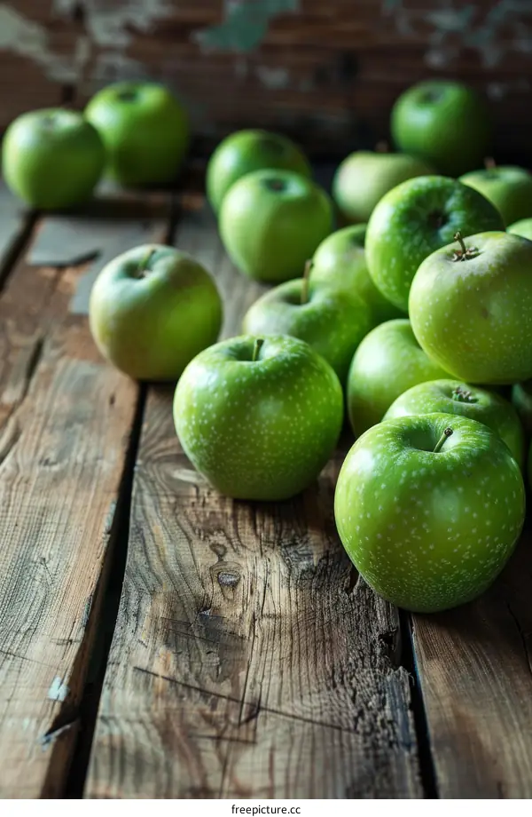 Fresh Green Apples in a Pile on Wooden Table