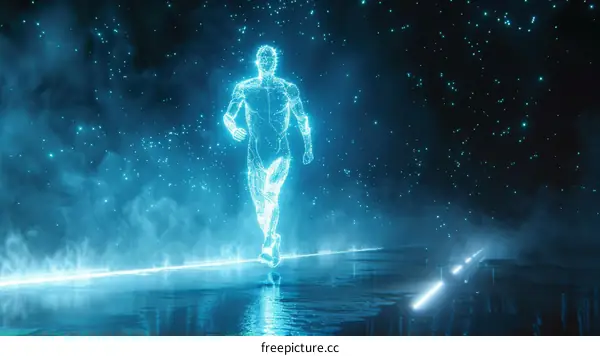 Blue glowing digital person running on a dark background