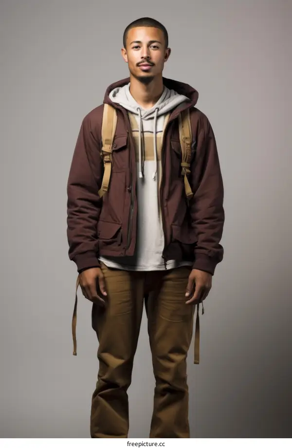 Studio portrait of a young man wearing a brown jacket and a backpack